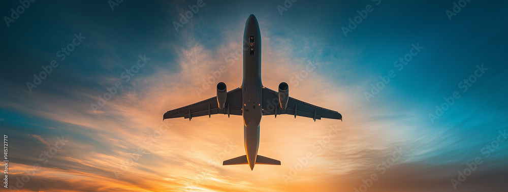 Naklejka premium Majestic airplane soaring above the horizon during a vivid sunset trip