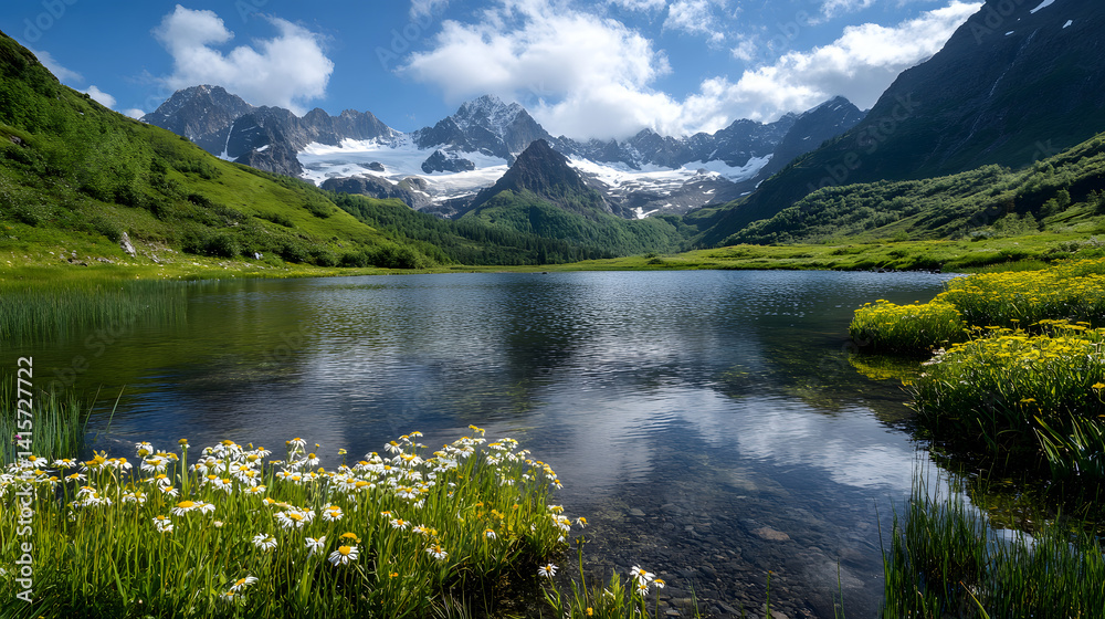 Fototapeta premium A pristine alpine lake surrounded by wildflowers and pristine snow-capped peaks in the background.