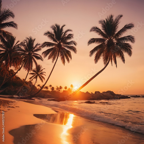 Tropical Beach Sunset Palm Trees Silhouette on Golden Sand Peaceful Ocean Waves at Dusk