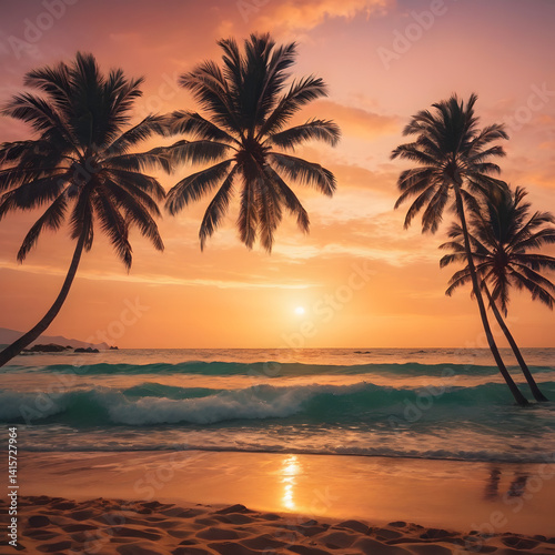 Tropical Beach Sunset Silhouette of Palm Trees at Golden Hour on Sandy Shore
