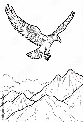 Eagle soaring over mountains coloring page with detailed feathers and landscape