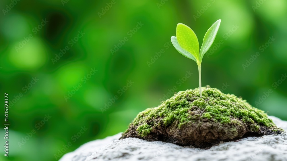 A tiny sprout emerging from a mossy mound on a light-colored stone.  Fresh, vibrant green leaves peek out from the earth