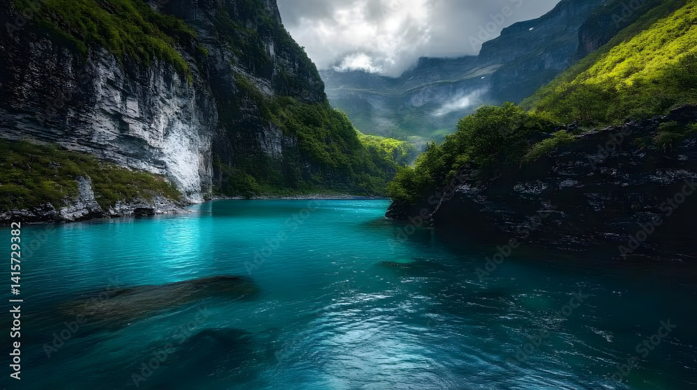 Obraz premium A pristine mountain lake with turquoise water and surrounded by rugged cliffs and vibrant greenery.