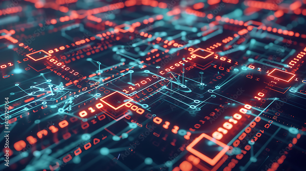 Abstract futuristic technology background showing a digital circuit board pattern with glowing red and blue pathways and streams of binary code. Data concept. (Fictional/Abstract Subject)
