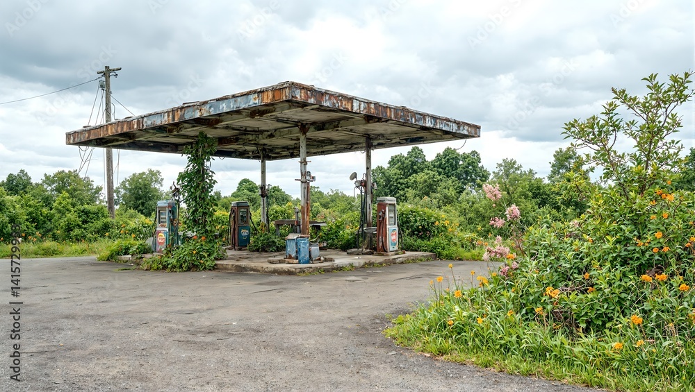 Abandoned gas station reclaimed by nature rusty pumps amidst colorful wildflowers and vines under cloudy sky Abandoned gas station reclaimed by nature rusty pumps amidst colorful wildflowers and vines under cloudy sky