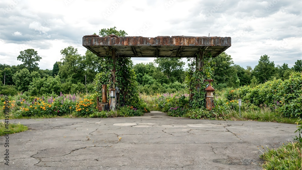 Abandoned gas station reclaimed by nature rusty pumps amidst colorful wildflowers and vines under cloudy sky Abandoned gas station reclaimed by nature rusty pumps amidst colorful wildflowers and vines under cloudy sky