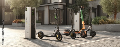 Multiple electric scooters lined up and charging at a smart station in a downtown area, promoting green urban mobility and energy efficiency.