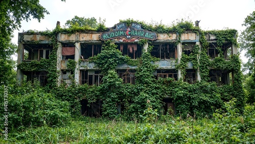 Explore the haunting beauty of an abandoned amusement park building reclaimed by nature Crumbling facades overtaken by ivy and wild vines create an eerie nostalgic scene photo