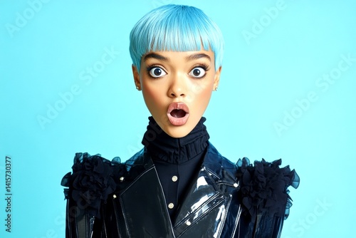 Commercial ad idea pattern. Short trim - blue hair. Gorgeous very amazed mixed-race girl - for ads, ad page and social media use. African american hair. Advertising hair trends. Vibrant styl.