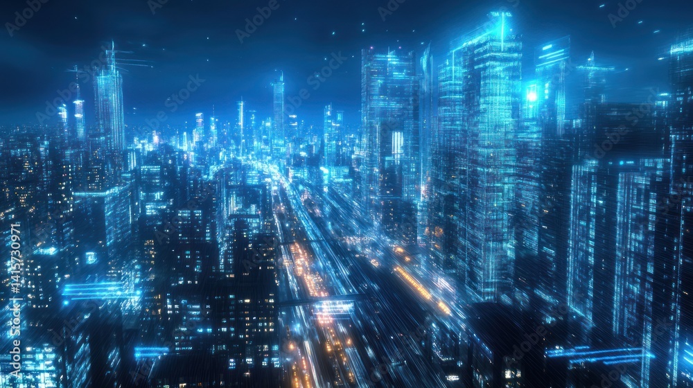 Obraz premium Futuristic cityscape illuminated with bright blue and orange lights at night
