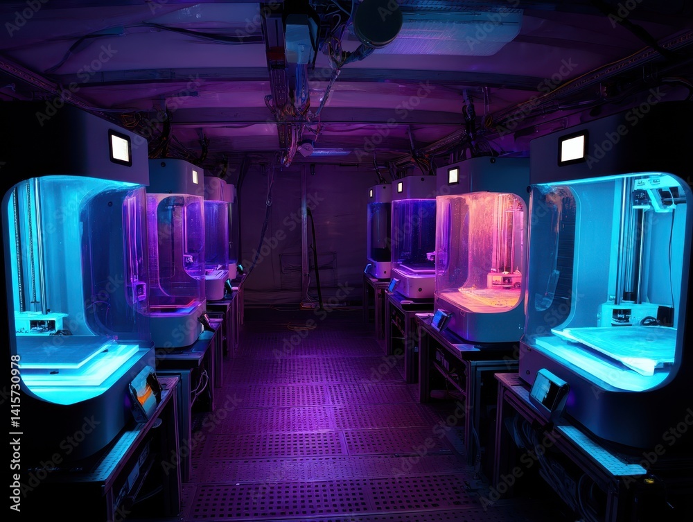 Fototapeta premium Illuminated row of printers displaying a vivid spectrum, symbolizing innovation and the future of technology. Precise crafting showcased.