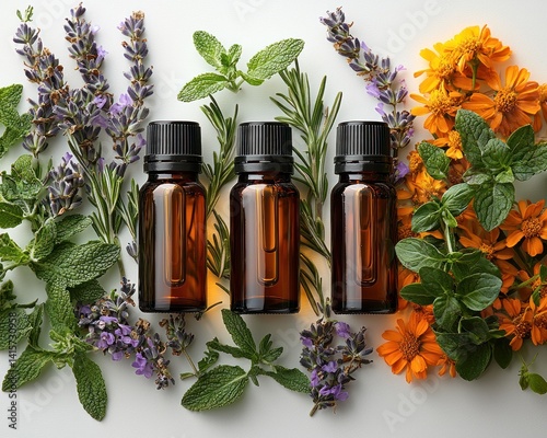 Aromatic essential oils surrounded by fresh herbs and vibrant flowers on a backdrop