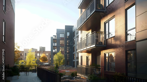 Modern Brick Apartment Buildings Exterior Sunny Day photo