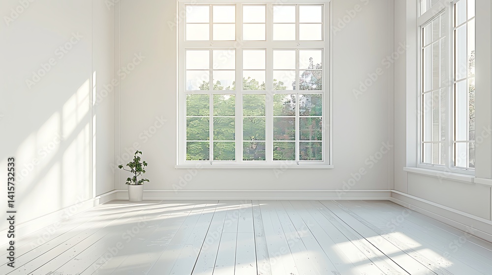 Fototapeta premium Bright, sunlit empty room with white walls, large paned windows revealing greenery, and a light wooden floor casting long shadows. Minimalist interior concept. 