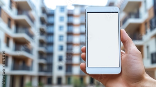 Hand holding smartphone with blank screen, apartment building background.