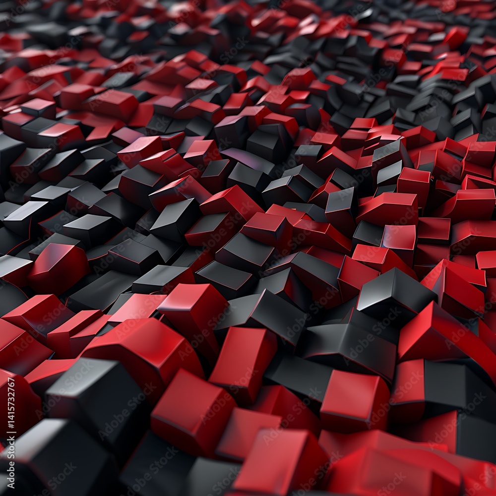 Obraz premium Abstract background featuring a chaotic landscape of randomly oriented 3D cubes in contrasting red and black. Geometric pattern or digital terrain concept.