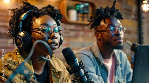Smiling afro american woman and man recording podcast with microphones and headphones in cozy studio with exposed brick wall. Concept of collaborative content creation and storytelling