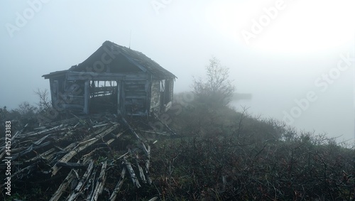 Explore the haunting beauty of a misty lakeshore with a decaying boathouse consumed by natures embrace
