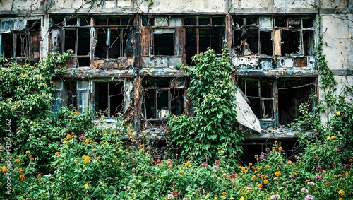 An abandoned city building reclaimed by nature broken windows twisted metal vibrant flowers bursting through captured in dramatic light