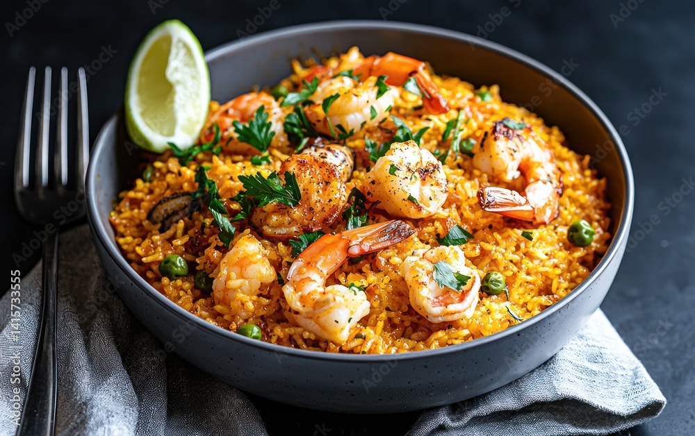 Close-up view of a flavorful paella dish. Saffron-infused rice is topped with succulent shrimp, peas, and parsley. The vibrant yellow rice is presented in a dark gray bowl, accompanied by a lime Close-up view of a flavorful paella dish. Saffron-infused rice is topped with succulent shrimp, peas, and parsley. The vibrant yellow rice is presented in a dark gray bowl, accompanied by a lime