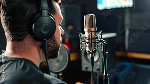 Bearded man wearing headphones speaking into studio microphone during recording session in dimly lit sound booth. Concept of professional podcasting and voiceover