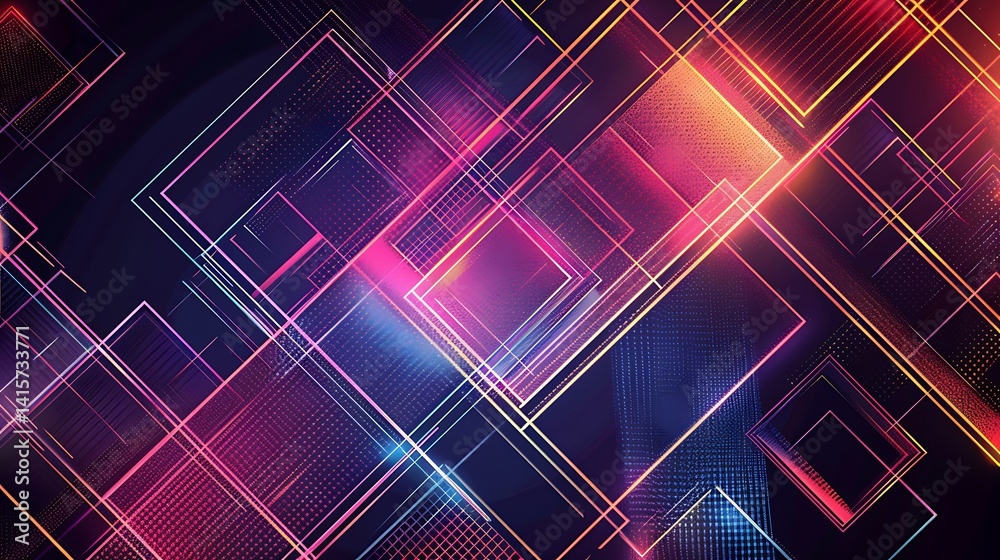Abstract futuristic background with overlapping geometric square and diamond outlines in glowing neon colors (pink, orange, blue) against a dark backdrop. Tech design.
Abstract futuristic background with overlapping geometric square and diamond outlines in glowing neon colors (pink, orange, blue) against a dark backdrop. Tech design.