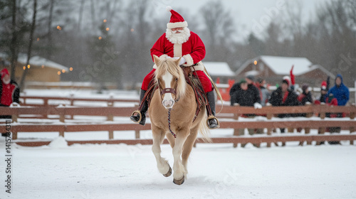 Santa rides a beautiful horse through the snow, greeting a joyful crowd and spreading cheer Generative AI