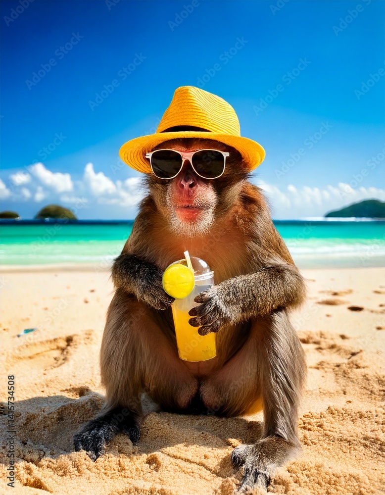 Fototapeta premium Monkey on the beach with sunglasses on, and a yellow hat on, relaxing in the sand with a cold drink.