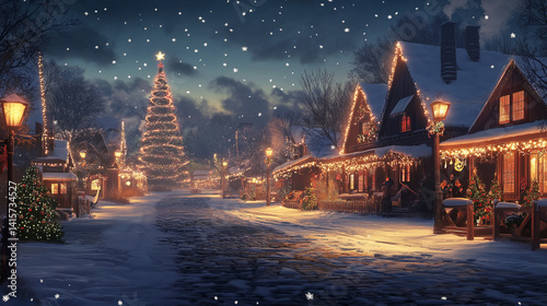 Twinkling lights adorn cozy cabins as snowflakes dance in the air on a magical winter night Generative AI