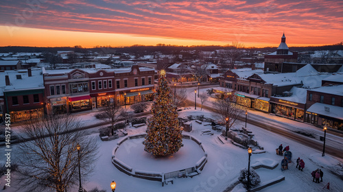 Snow blankets the quaint town square as holiday lights twinkle beneath a vibrant sunset glow Generative AI