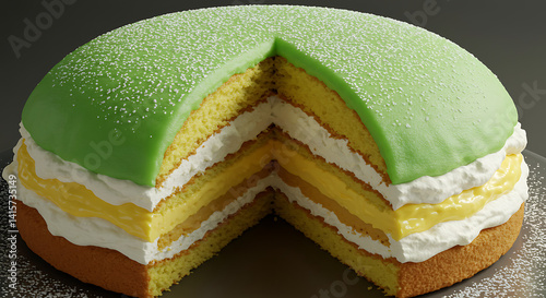 Traditional Swedish Princess Cake with Whipped Cream and Powdered Sugar
