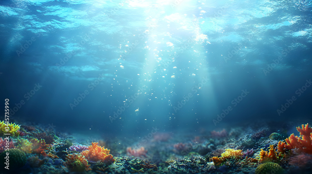 Naklejka premium Stunning Underwater Coral Reef Scene With Sunlight