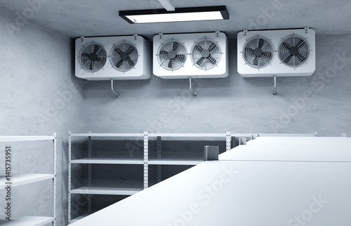 Refrigeration warehouse for food. Metal shelves frozen foods