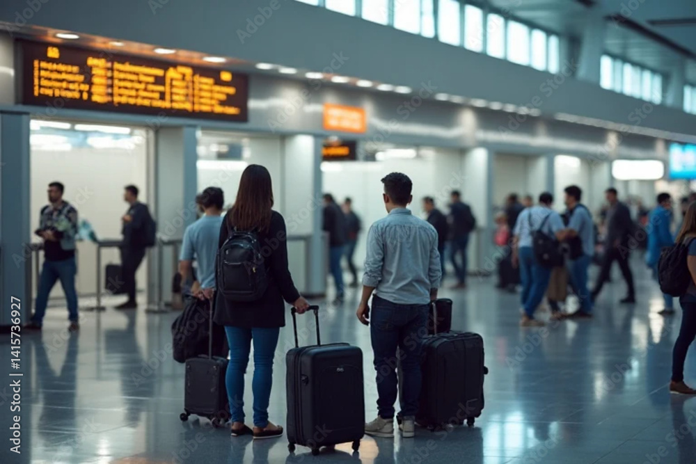Fototapeta premium people with luggage at the airport. You can see a sign with information, a lot of people, bright lighting, and large windows.