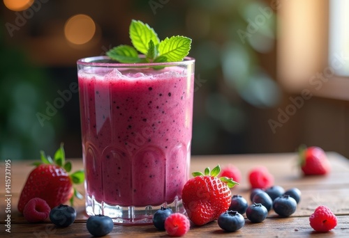 bright berry smoothie glass fresh mint garnish colorful drink healthy refreshing beverage, fruit, cream, fusion, vibrant, creamy, natural, organic, vitamin, wholesome