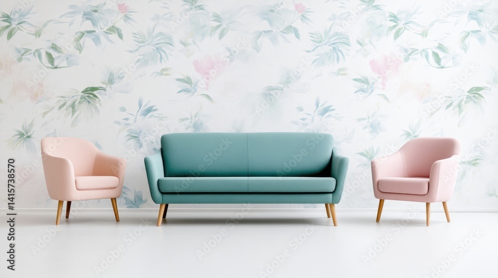 Fototapeta premium Pastel Living Room with Floral Wallpaper