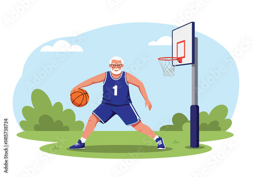 Illustration of an elderly man practicing basketball outdoors. Exercise, recreation, and active seniors