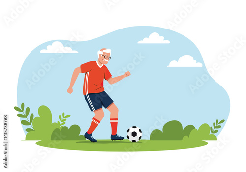 Active senior man playing soccer outdoors on a field. Healthy lifestyle and sport in old age concept