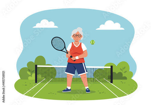Active senior woman playing tennis on a court. Healthy lifestyle and sport in old age concept