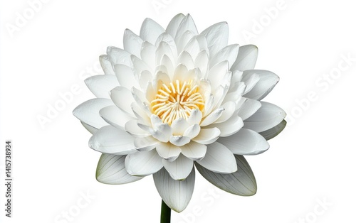 White lotus flower levitating against a solid white background.  The flower is detailed, showing its delicate petals and yellow center. The image is clean and simple