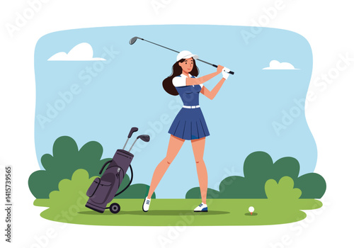 Young woman swinging a golf club on a course. Sport, recreation, and active lifestyle concept