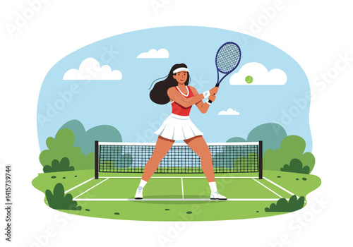 Young woman playing tennis outdoors, ready to hit the ball. Sport, fitness, and active lifestyle concept