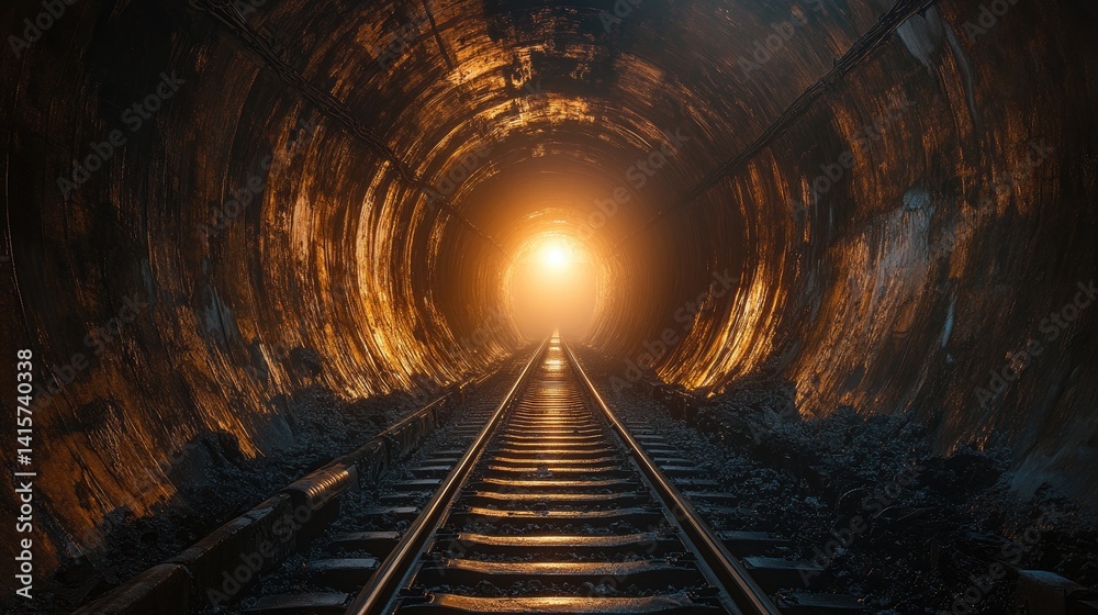 Naklejka premium A chilling, dark tunnel with a train track, the track stretches far into the blackness.