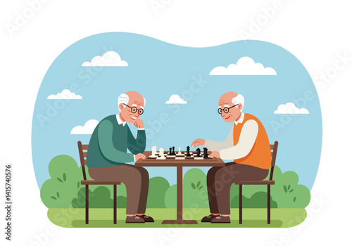 Two senior men playing a game of chess outdoors in a park. Leisure, retirement, and mental activity concept