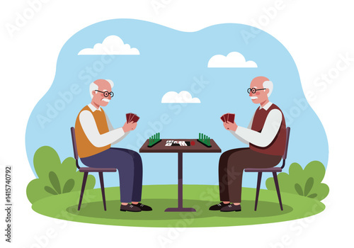 Illustration of elderly gentlemen playing bridge cards at a table in a park. Recreation, hobby, and social activity for seniors
