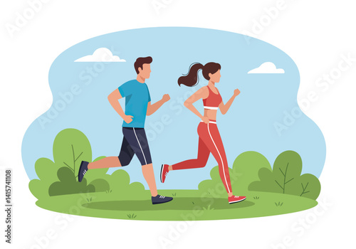 Young couple jogging together outdoors in a park. Healthy lifestyle, fitness, and relationship concept