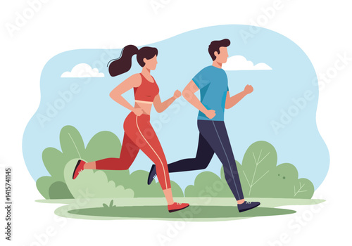 Young couple jogging together outdoors in a park. Healthy lifestyle, fitness, and relationship concept