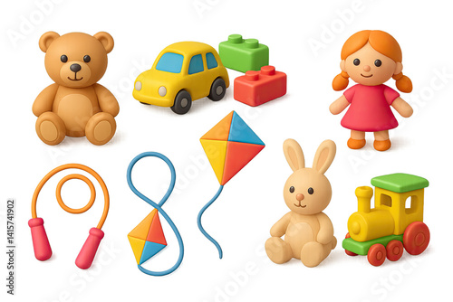 3D icon set of children's toys: teddy bear, toy car, building blocks, doll, jumping rope, kite, toy train, stuffed animal. 3d icon. Isolated