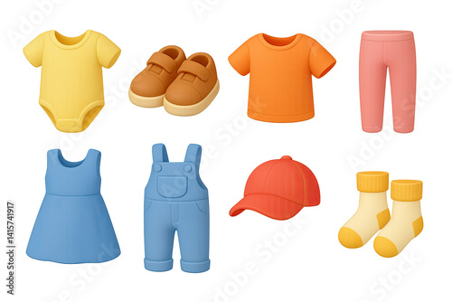 Colorful 3d kids clothing icon set: onesie, shoes, t-shirt, pants, dress, overalls, cap, socks