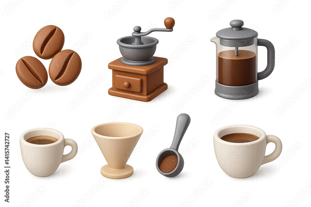 Obraz premium Coffee culture icons set in 3d style: beans, grinder, french press, cups, and more